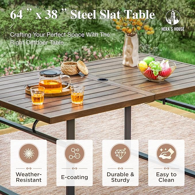 HERA'S HOUSE 7 Piece Patio Dining Set for 6, 6 x Outdoor Rattan Armchair with Removable Cushions, 1 x 64 Inches Rectangular Patio Table with Umbrella Hole for Patio, Lawn, Garden