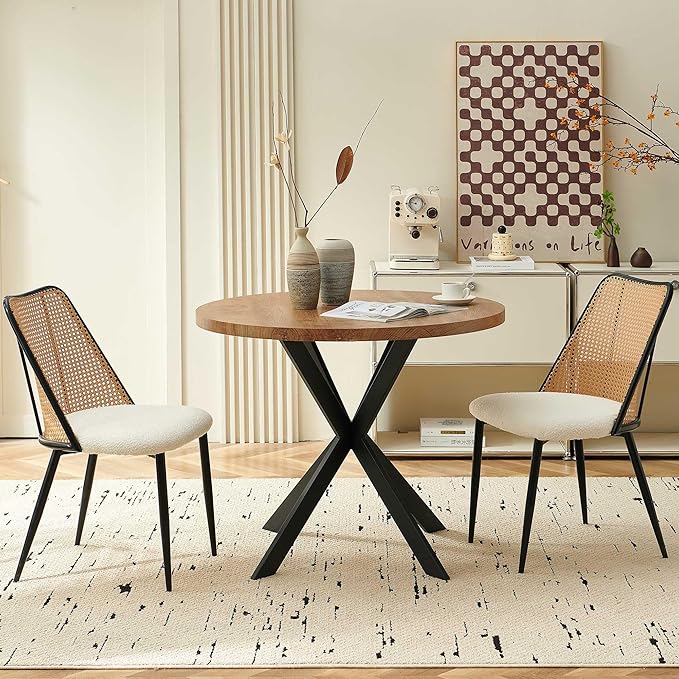 Dining Chairs Set of 2, Modern Mid Century Rattan Accent Chairs Curved Backrest Kitchen Side Chairs Woven Living Room Chairs Upholstered Boucle for Small Spaces, Apartment