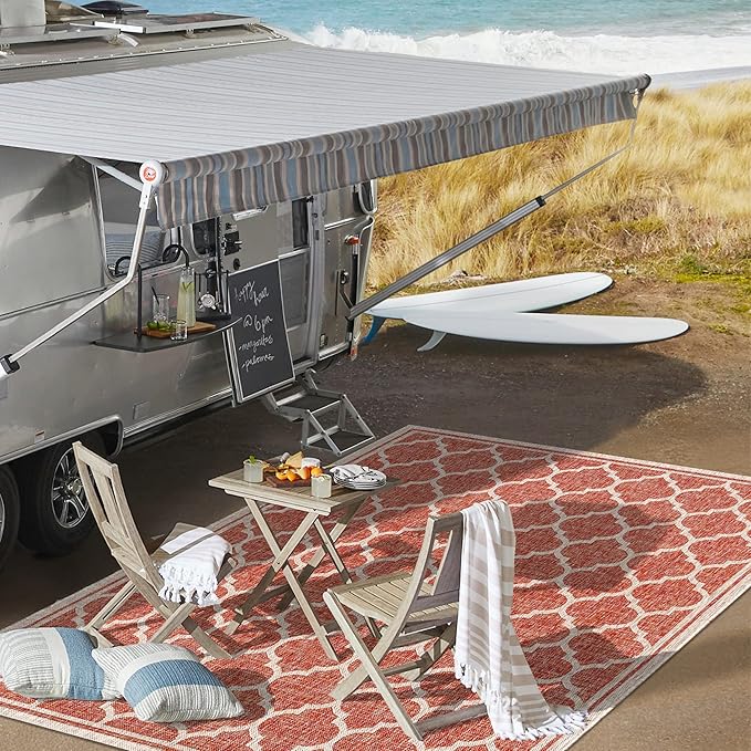 Eyely BMS109C-4 Santa Monica Trebol Moroccan Trellis Textured Weave Indoor/Outdoor Area Rug Coastal;Bohemian, Bedroom, Backyard, Patio, Easy-Cleaning, Non-Shedding, 4 X 6, Red/Beige