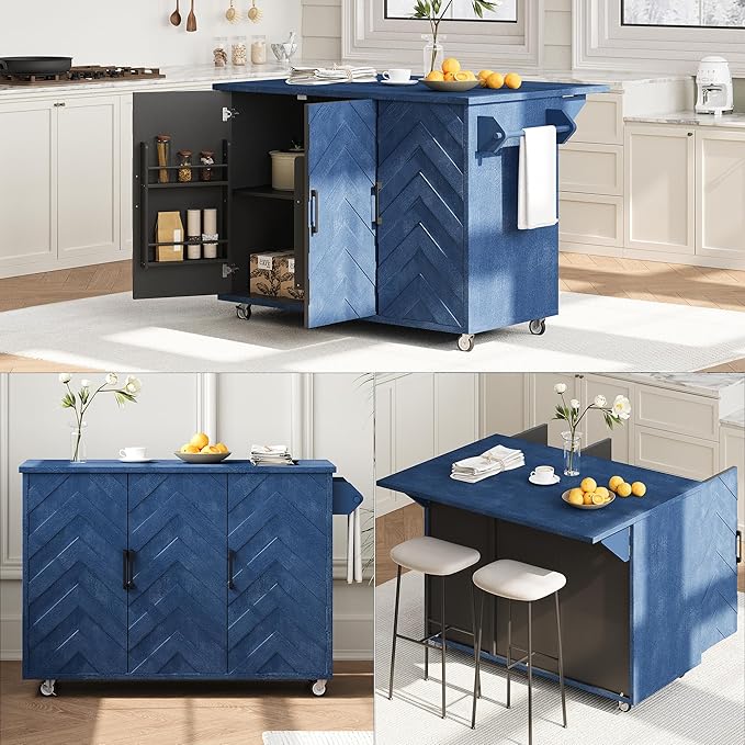 51.2" W 3D Wave Stripes Ash Veneer Kitchen Island with Drop Leaf, Farmhouse Kitchen Island on Wheels with Internal Storage Rack, Rolling Cart, Not Cheap Paper, Navy Blue