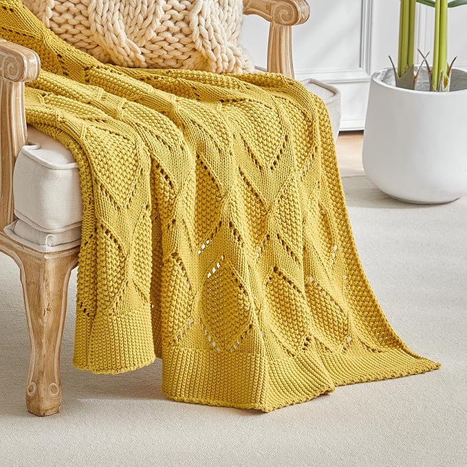 Longhui bedding Chunky Cotton Knit Throw Blanket for Couch, Sofa, Bed, or Chair, Decorative Breathable Fall Cable Knit Blanket 51 x 63 Inches, Medium Weight Mustard Yellow