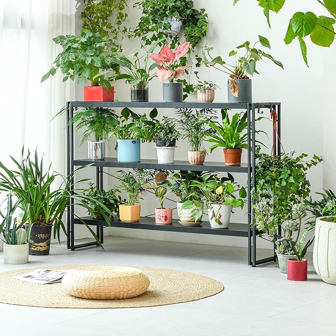 HCHQHS Bookshelf, 3-Tier Industrial Bookcase, Black Open Book Shelf, Freestanding Horizontal Bookshelves with Metal Frame