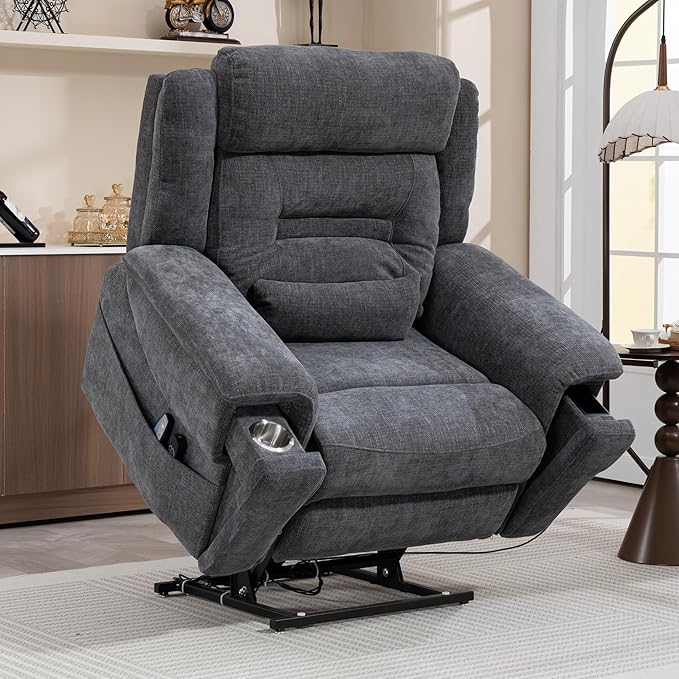 Big Man Power Lift Recliner for Elderly Adults 28 Inch Wide Seat, Lay Flat Lift Chair with Heat Massage, Cup Holder & Wireless Phone Charger, USB Type C Charging, Big Tall 400 lbs