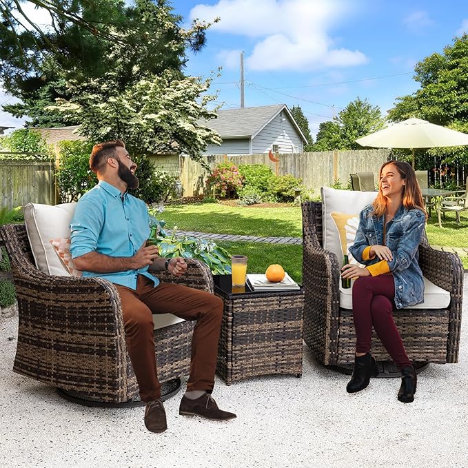 3 Pieces Patio Furniture Set with Swivel Chair, Outdoor Swivel Rocker with Washable Cushions & Tempered Glass Tabletop, Outdoor Rattan Conversation Set for Lawn Backyard Porch (Brown)