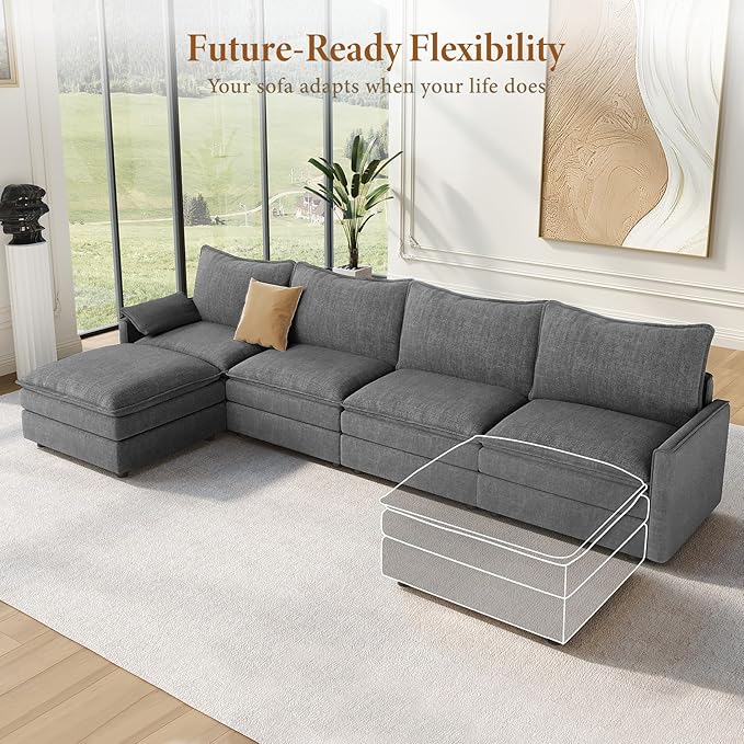 Vesgantti 142" Cloud Couch Sectional Modular Sofa, Comfy Sectional Couch with Ottoman Deep Seat Chenille L Shaped Sofa, Modular Couches for Living Room, Bedroom and Apartment, Gray