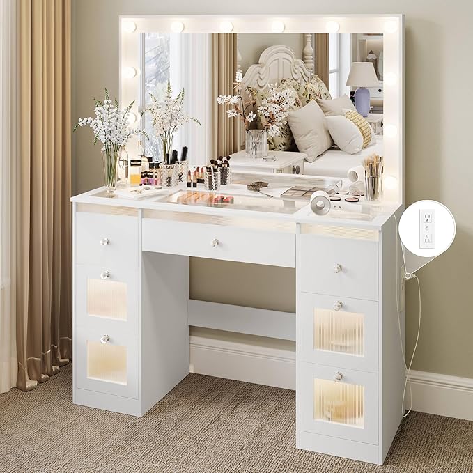 Vanity Desk with Mirror and Lights 3 Colors, Glass Top Vanity with 7 Lighted Drawers & Power Outlet, Makeup Desk with Mirror for Women & Girls, Dressing Table for Bedroom, White