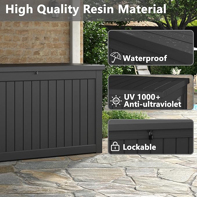 NUNU LAB 230 Gallon Large Resin Deck Box, Waterproof Outdoor Storage Box, Lockable Storage Bin for Patio Furniture, Garden Tools, Pool Accessories, UV-Resistant & All-Weather, Black