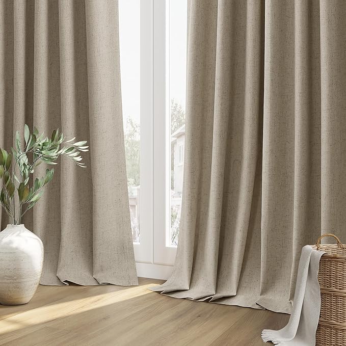Guken Burlap Blackout Curtains 84 Inch Length 2 Panels Set for Living Room Bedroom Back Tab Thermal Insulated 100% Black Out Linen Drapes Room Darkening Window Curtains 84 Inches Long Burlap