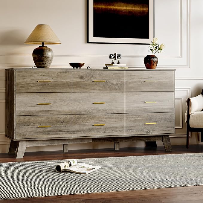 Dresser for Bedroom with 9-Drawer, 59" Wide Modern Chest of Drawers with Metal Handles, X-Shape Base & Adjustable Center Leg, Anti-Tip Closet Organizers and Storage