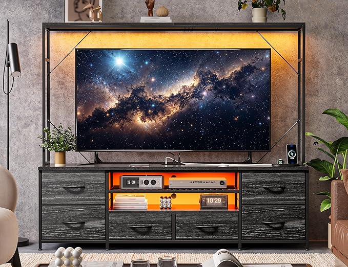 TV Stand for 55 60 inch TV, Large Wall Unit Entertainment Center with LED Lights & Power Outlets, TV Stands for Living Room, Closet, Entryway,13.8" D x 55" W x 61" H, Black