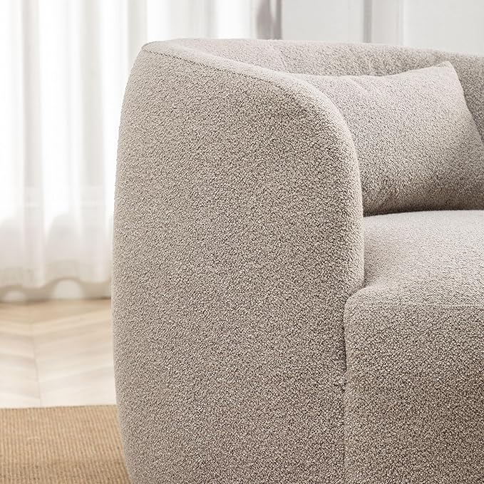 KINWELL 34" Wide Boucle Swivel Barrel Chair, No Assembly Round Upholstered Armchair Accent Chair Single Sofa Chair with Toss Pillow for Living Room and Bedroom, Taupe