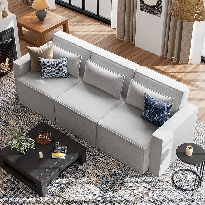 ELUCHANG 93" Modular Sectional Sofa Couch, 3 Seater Large Sectional Couches for Living Room, Modern Linen Fabric Oversized Couch, Comfy Deep Seat Home Sofas Set, Light Grey