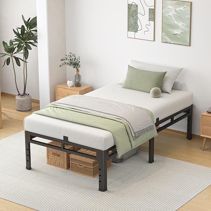 NKZ Twin Size Bed Frame 20 Inch, Metal Bed Frame & Box Spring 2 in 1 Platform with Round Corner Legs, 4000lbs Weight Capacity Reinforced Metal Frame, Headboard Hole, Noise-Free, Easy Assembly