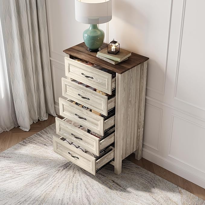 LINSY HOME 5 Drawers Dresser for Bedroom, Wood Tall Bedroom Chest of Drawers with Metal Handle, Farmhouse Dressers Organizer for Living Room, Closet, Hallway, White Oak