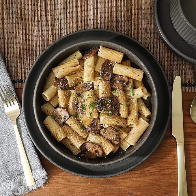 Gibson Elite Deerfield 16-Piece Stoneware Dinnerware Set – Soft Grey Reactive Glaze, Stackable Plates and Bowls, Service for 4 – Microwave & Dishwasher Safe