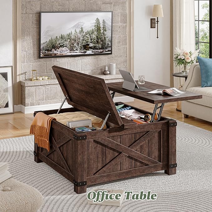 EnHomee Lift Top Coffee Table with Storage, 36" Farmhouse Coffee Tables for Living Room, Square Coffee Table with Large Hidden Space, for Living Room, Bedroom, Home Office, Classic Brown