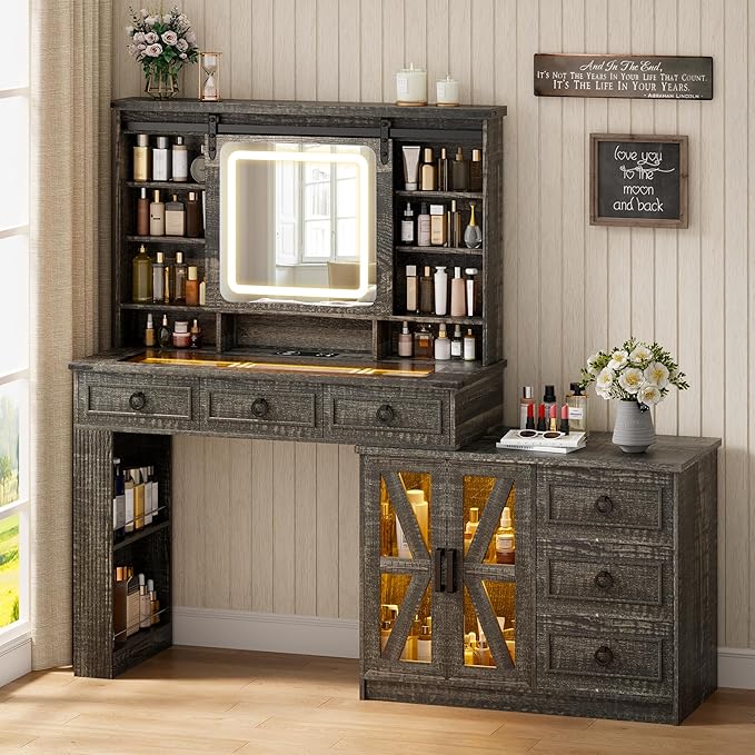 HNEBC 40" W Makeup Vanity Desk with Sliding Mirror and Lights,Farmhouse LED Vanity Set with Jewelry Armoire,Glass Tabletop Vanity Table with Charger,Adjustable Cabinet,6 Drawers,10 Shelves (Oak)