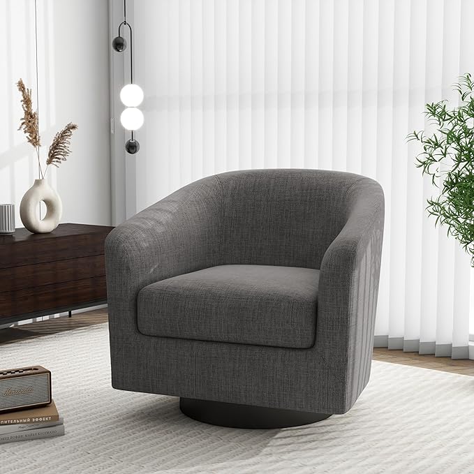 Swivel Barrel Accent Chair, Modern Round Linen Arm Chair for Living Room, Bedroom, Comfy Club Reading Chairs for Adults(Linen Fabric, Grey, Set of 2
