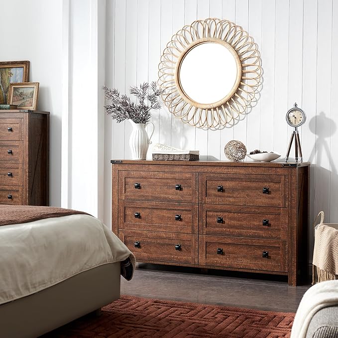 RedLemon Farmhouse 6 Drawer Dresser for Bedroom, 54 Inch Wide Rustic Wood Dresser TV Stand, Chest of Drawers for Closet, Living Room, Hallway, Reclaimed Barnwood