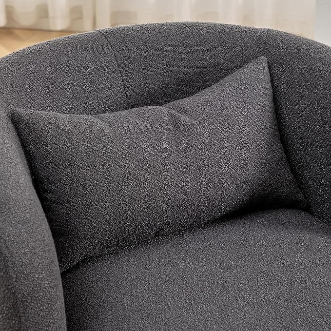 KINWELL 34" Wide Boucle Swivel Barrel Chair, No Assembly Round Upholstered Armchair Accent Chair Single Sofa Chair with Toss Pillow for Living Room and Bedroom, Dark Grey