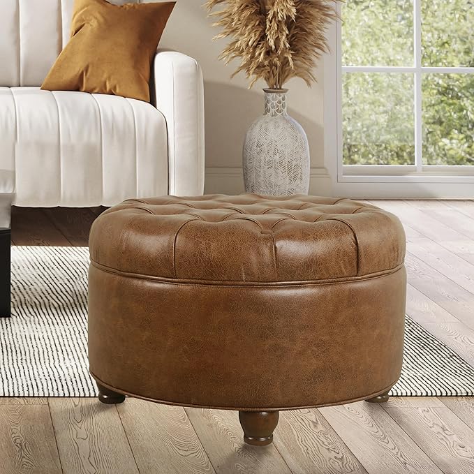 Homepop Home Decor | Button Tufted Faux Leather Round Storage Ottoman | Ottoman with Storage for Living Room & Bedroom (Brown)