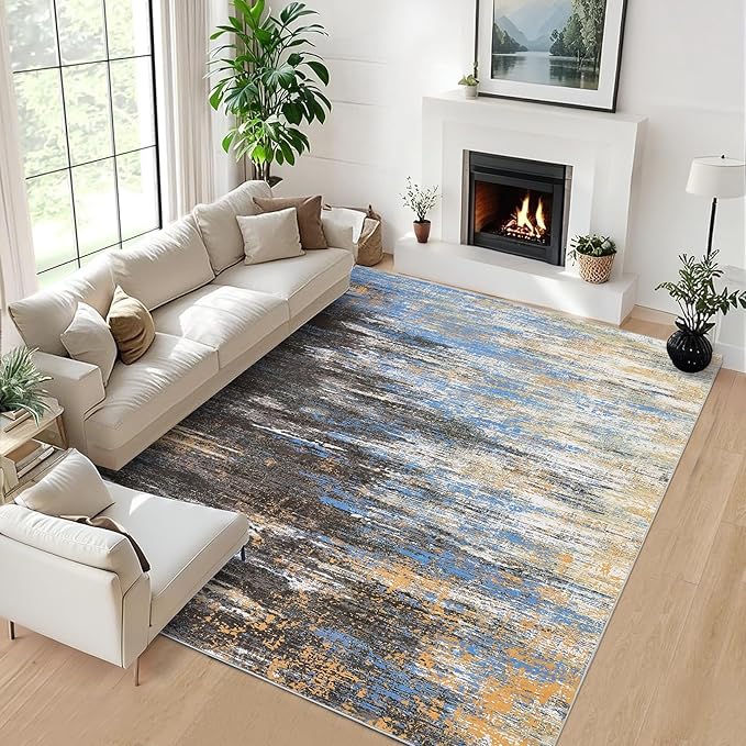 Washable Rug 9x12 Area Rug for Living Room, Non Slip Abstract Rug for Bedroom, Ultra Soft Area Rug, Low Pile Soft Contemporary Indoor Floor Carpet Cover, Blue/Brwon