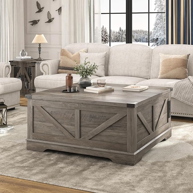 40” Large Farmhouse Lift Top Coffee Table with Power Outlets and Large Hidden Storage, Square Wood Living Room Tables, Multi-Function Lift Wooden Barn Door Center Table, Grey