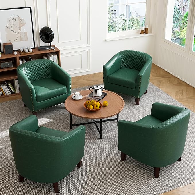 Accent Barrel Chair, Upholstered Faux Leather Club Chair with Nailed Trim, Comfy Reading Armchair for Living Room Bedroom Reception Room Office (Dark Green, Set of 2)