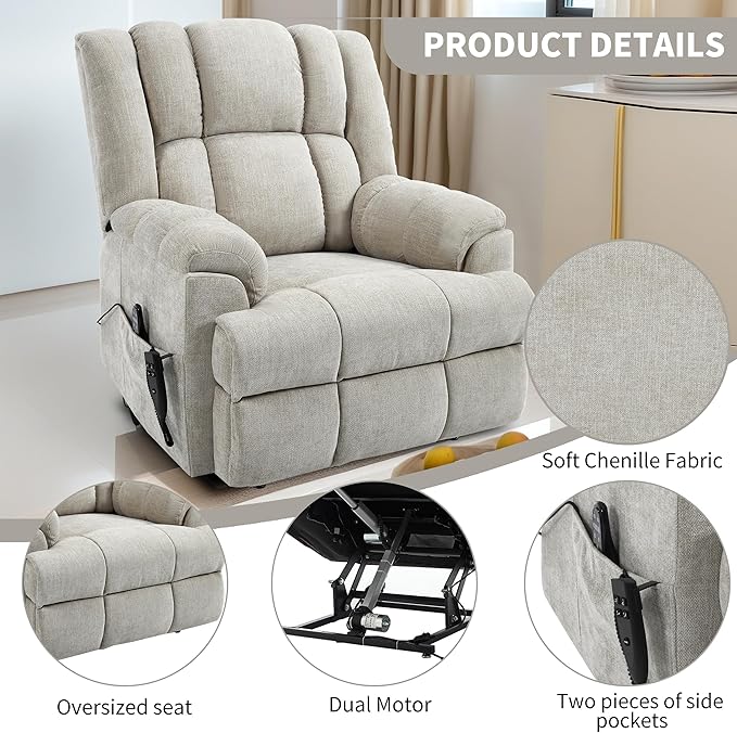 Luxlen Power Lift Recliner Chair for Elderly, Heat Massage Recliners, Dual Motor Oversized Lift Chair, Medium-Firm Electric Lift Recliners with Remote - Creamy