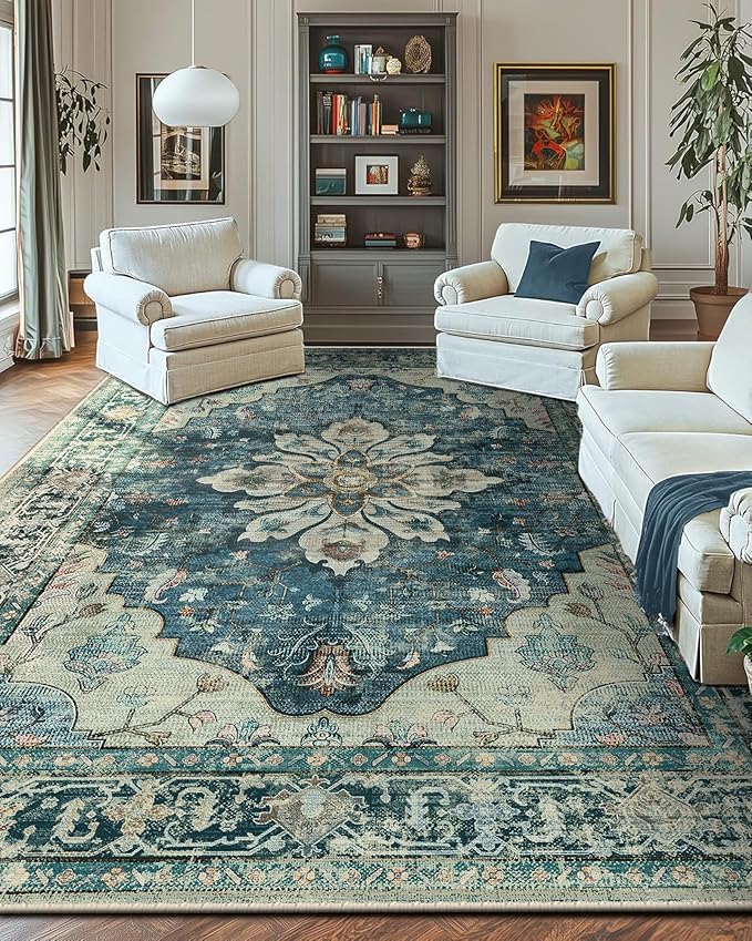 Area Rugs 5'x8' Washable Non-Slip, Floral Vintage Distress Print Pattern Medallion Carpet for Living Room Bedroom Dining Room, Dark Blue Vintage