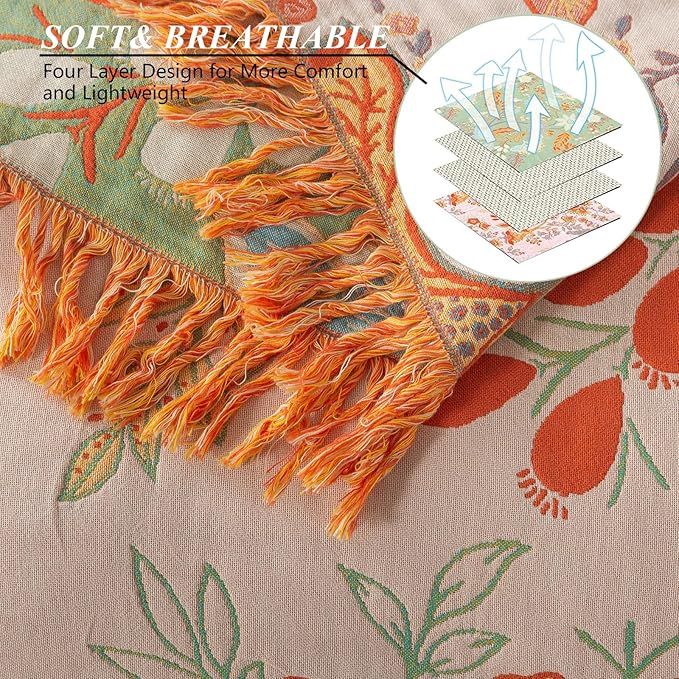 Boho Throw Blanket for Bed-100% Cotton Soft Breathable Farmhouse Decor Boho Quilt for Sofa (Boho Flowers, 80"x90")
