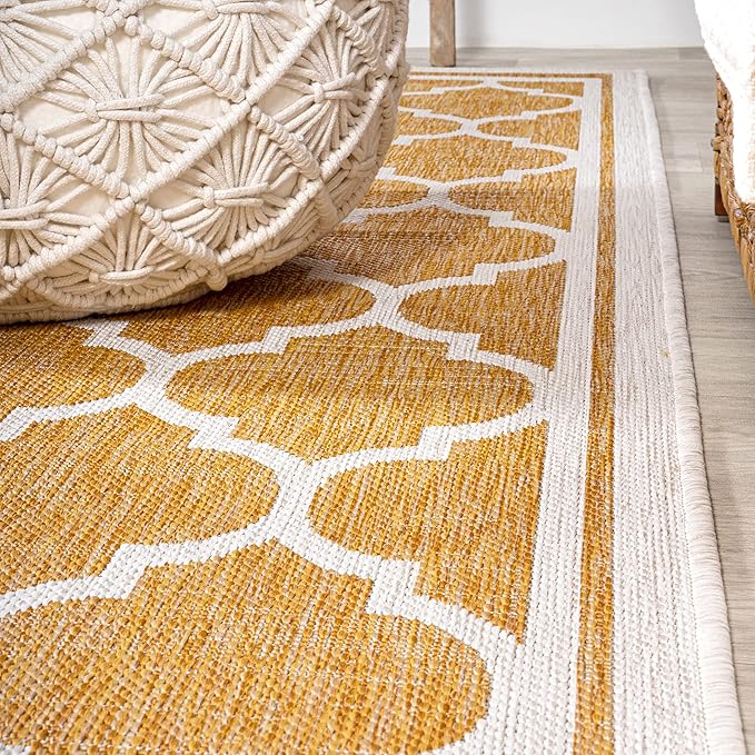 Eyely BMS109F-5R Santa Monica Trebol Moroccan Trellis Textured Weave Indoor/Outdoor Area Rug Coastal;Bohemian, Bedroom, Backyard, Patio, Easy-Cleaning, Non-Shedding, 5' Round, Yellow/Cream
