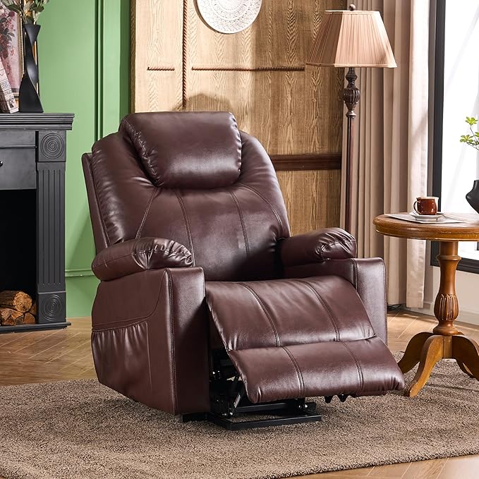 SALOHZA Power Lift Recliner Chair for Elderly with Massage and Heat for Living Room, Electric Recliner Chair for Adults with USB/Type C Port/Cup Holders, PU Faux Leather, Chocolate Brown