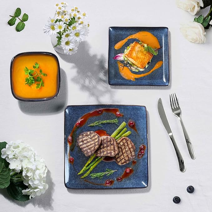 Herogo 12 Pieces Square Stoneware Dinnerware Set, Service for 4, Dinner Plates and Bowls Sets, Double Reactive Glaze Dishes Set for Kitchen, Scratch Resistant, Dishwasher Safe, Starry Blue