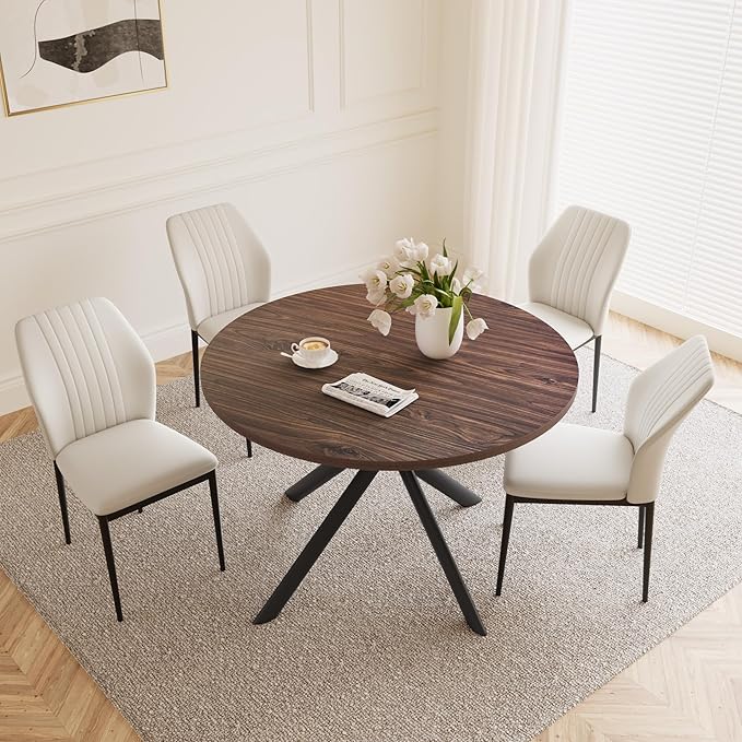 45.3'' Walnut Round Dining Table Set for 4, Mid Century Modern Small Coffee Set for Dining Room Kitchen Apartment (Walnut Table + 4 White Chairs)