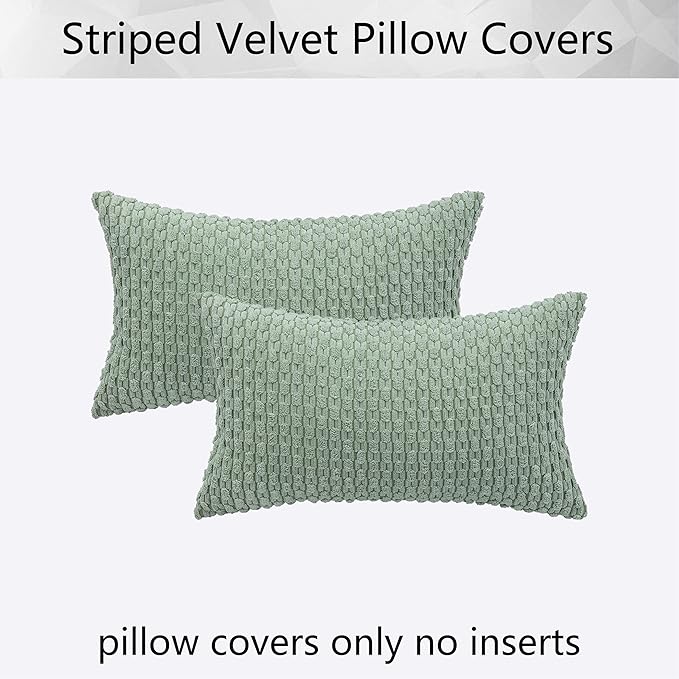 Kevin Textile 2 Packs Lumbar Decorative Throw Pillow Covers 12x20 Inch for Living Room Couch Bed Sofa Spring Soft Striped Corduroy Rectangle Cushion Case 30x50 cm Farmhouse Boho Home Decor Sage Green