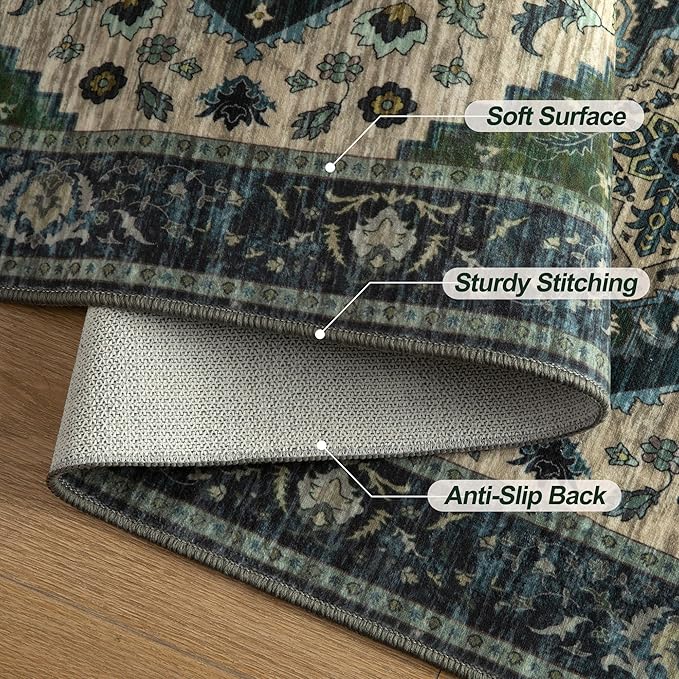 Tangsoo 4x6 Washable Rug Vintage Non Slip Indoor, Distressed Carpet for Living Room, Dining Room, Soft Low Pile Rugs Foldable for Bedroom Dorm Bedside Bathroom Green