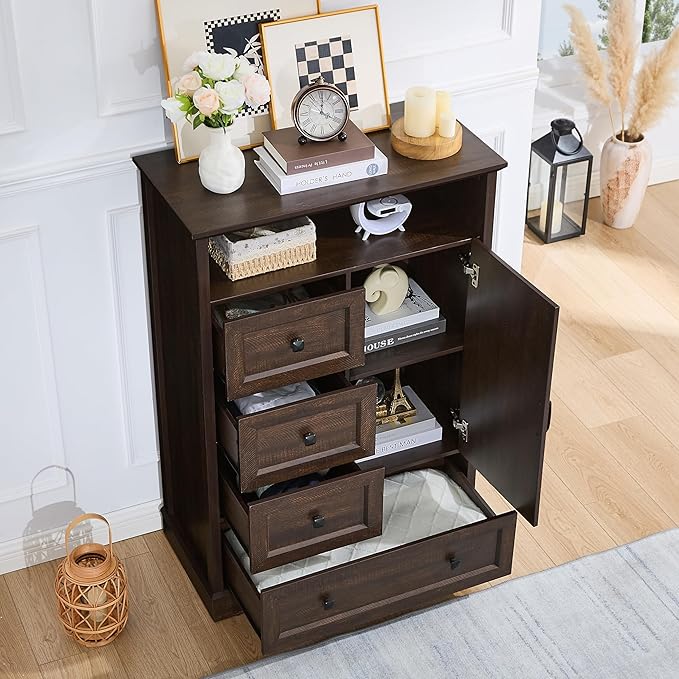 4+1 Cherry Dresser for Bedroom, Chest of Drawers for Bedroom with Wooden Drawers and Cross Door, Wood Dressers Storage TV Stand for Bedroom, Living Room