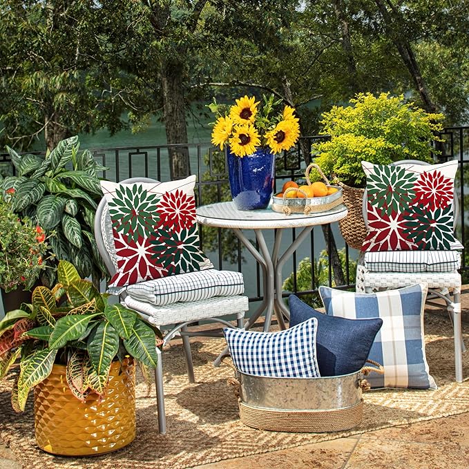 DFXSZ Outdoor Pillow Covers 16x16 Inch Set of 2 Red Green Flower Decorative Waterproof Summer Outdoor Pillow Covers for Patio Funiture Garden Couch 168P16