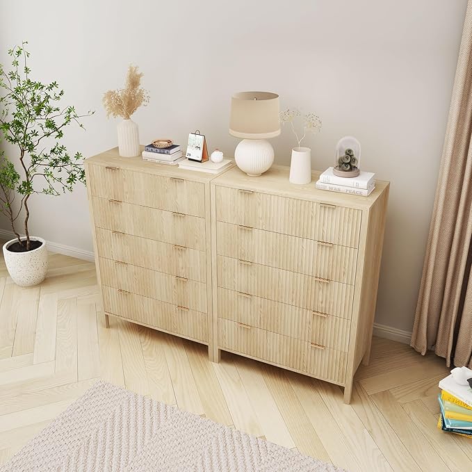 Fluted 5 Drawer Tall Dresser for Bedroom, Mid Century Modern Nightstand with Drawers, Tall Bedside Table for Closet Cloth, Living Room End Table with Storage for Dorm -Natural