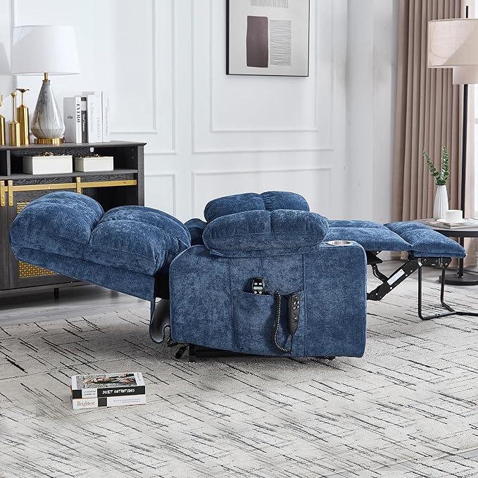 Oversized Recliner with Massage and Heating, Power Lift Chairs for Elderly, Extra Wide Recliner Chair for Living Room with Cup Holders, Dual Motor, Chenille Fabric - Dark Blue