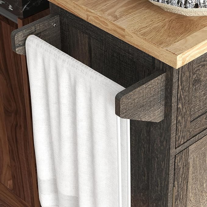 HOMCOM Triple-Cabinet Rolling Kitchen Island on Wheels, Kitchen Cart with Storage Shelf Adjustment, Rolling Utility Cart with Wood Top, Towel Rack, Big Drawer, Distressed Brown