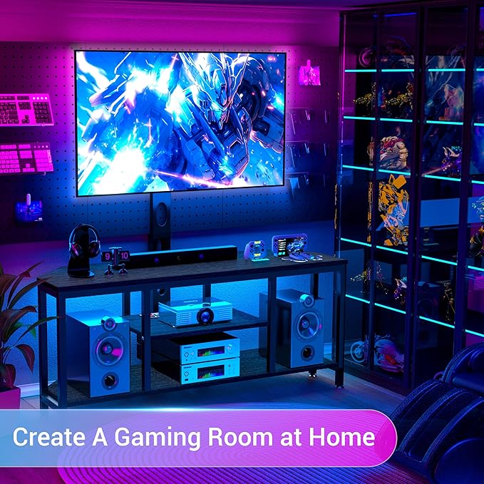 Corner TV Stand with Mount LED - Universal TV Mount Stand for 32-65" TV, Height Adjustable Swivel TV Console Wood & Steel Entertainment Center with Mount, Cabinet, Power Outlet, Colorful Light, Black