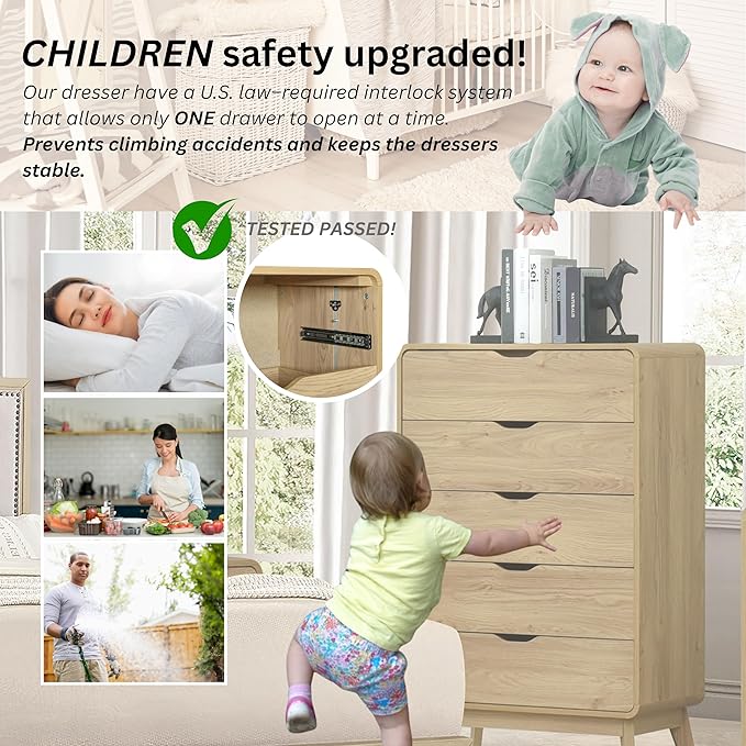 Meadow 5 Drawer Dresser for Bedroom, 47.2″ H Modern Wide Chest of Drawers, Wood Storage Organizer for Clothes, Entryway, Hallway, Nursery or Living Room, Oak