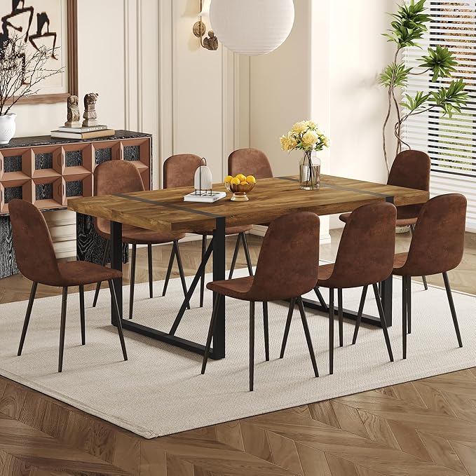 Dining Table Set for 8,Dining Room Table Set for 8,71'' Dark Wood Kitchen Table and Suede Nap Fabic Chairs Set of 8,8 Chair Dining Table Set for Kitchen Dining Room