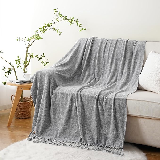 BATTILO HOME Gray Chenille Throw Blanket for Couch, Decorative Soft Knit Throw Blanket with Fringe Tassels, Lightweight Throw Blanket for Home Decor, 50"x60"