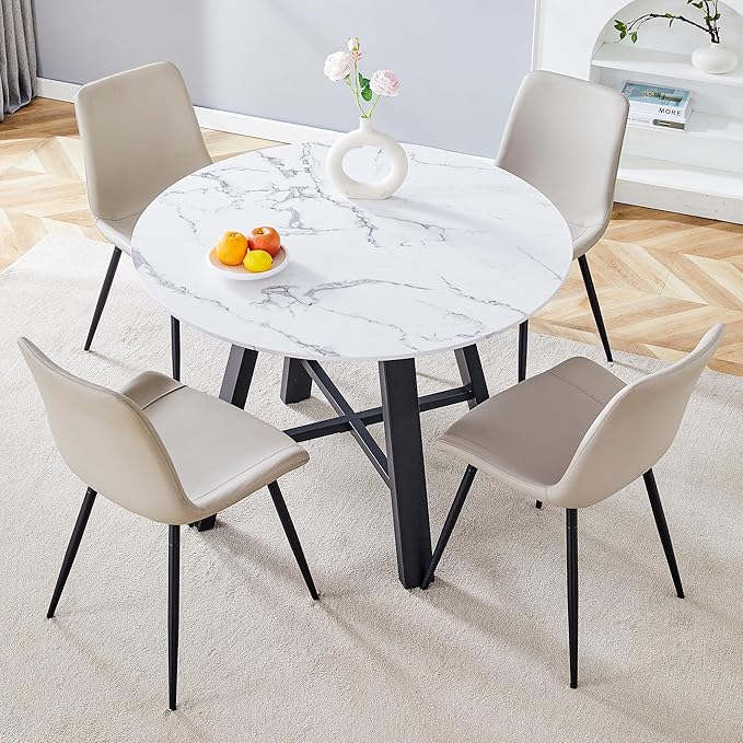 Round Dining Table Set for 4, Round Kitchen Table and Chairs Set for 4, 42 Inch Modern White Circle Dining Table Set of 4 with Upholstered PU Leather Chairs for Small Space Kitchen Living Apartment