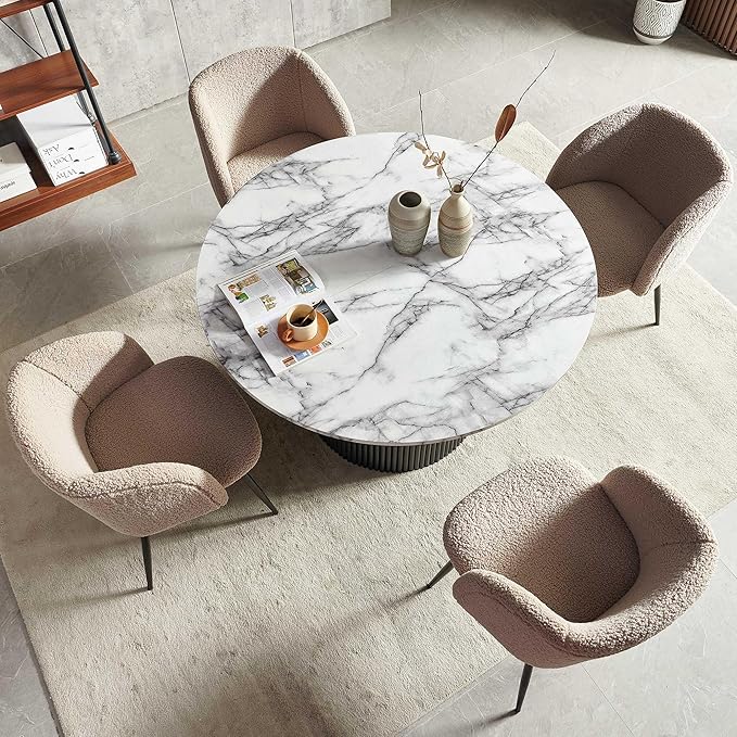 47" Round Kitchen Dining Table Set for 4, Two-Part White Marble Tabletop with Wood Strips, Industrial Home Kitchen Table Set with Brown Sherpa Barrel Dining Accent Side Chairs Comfy