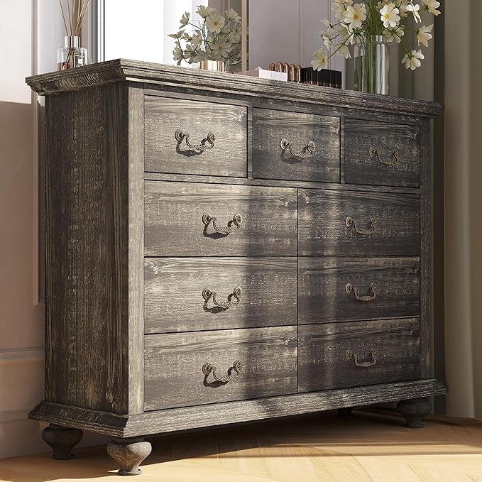GAOMON 9 Drawers Dresser for Bedroom, Wooden Chest of Drawer with Large Drawers & Metal Handles for Bedroom, Living Room, Hallway, Black
