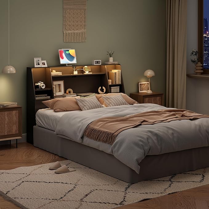 Queen/Full Headboard Only for Queen Bed, Wood Bookcase Head Board with Charging Station & 2 LED Lights, Stylish Noise-Free with Ample Storage for Bedroom, Height Adjustable, Black